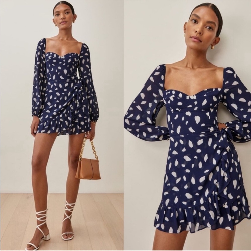 Reformation Navy and White Printed Sweetheart Mini Dress